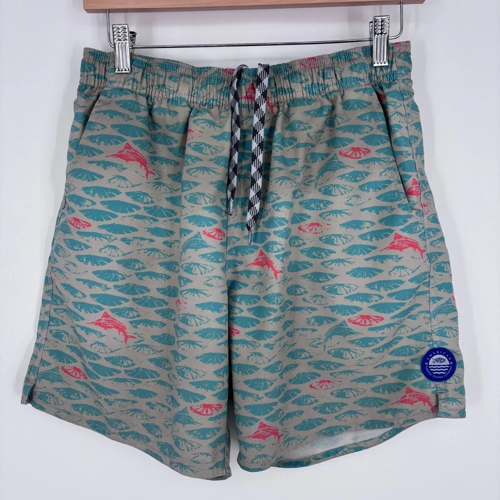 AFTCO Swim‎ Trunks Mens S Tan Green Pink Fish Print Boatbar Shorts Fishing Beach